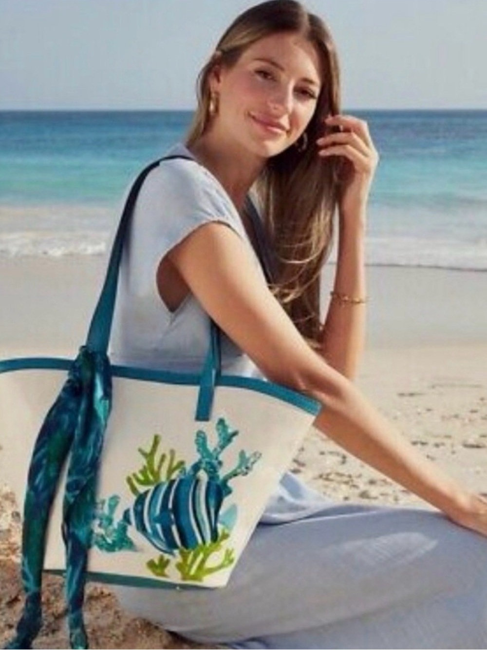 Patricia Nash Marconia Fish Tote Leather Bag Purse Coastal white Blue NEW